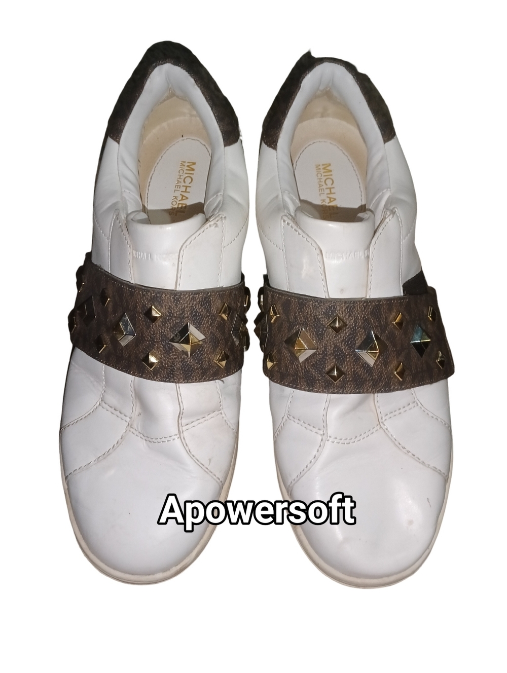 Michael Kors White Leather Slip-On Sneakers with Brown Studded Strap